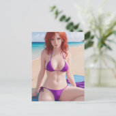Red Haire Lady in een Paarse Bikini Briefkaart (Staand voorkant)