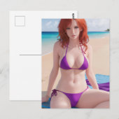 Red Haire Lady in een Paarse Bikini Briefkaart (Voorkant / Achterkant)