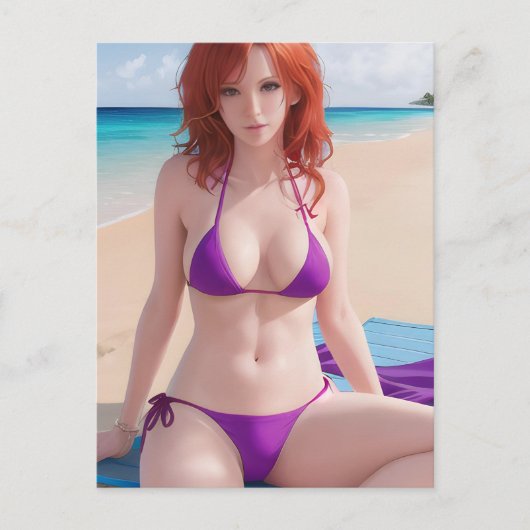 Red Haire Lady in een Paarse Bikini Briefkaart (Voorkant)
