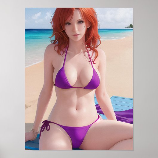 Red Haire Lady in een Paarse Bikini Poster (Voorkant)