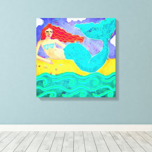 Red Haire Mermaid Abstracte Art Canvas Afdruk (Insitu (Houten vloer))