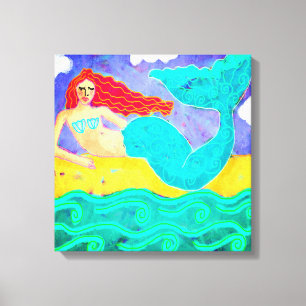 Red Haire Mermaid Abstracte Art Canvas Afdruk