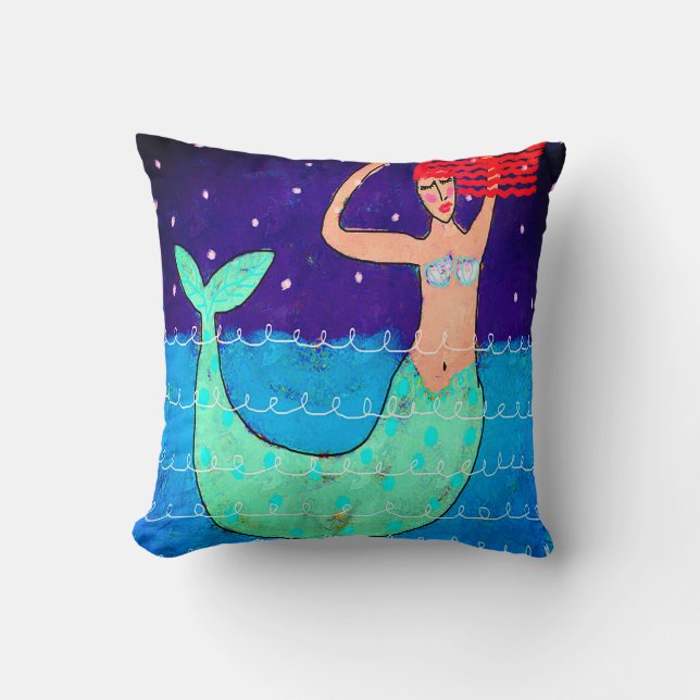 Red Haire Mermaid Abstracte Art Kussen (Voorkant)