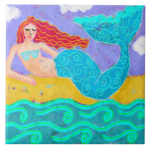Red Haire Mermaid Abstracte Art Tegeltje