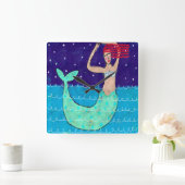 Red Haire Mermaid Abstracte Art Vierkante Klok (Huis)