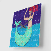 Red Haire Mermaid Abstracte Art Vierkante Klok (Hoek)