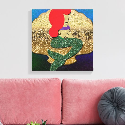 Red Haire Mermaid Golden Seashell Canvas Afdruk (Insitu (Woonkamer))