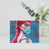 Red Haire vrouw in een gasmasker AI Art Briefkaart (Staand voorkant)