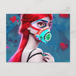 Red Haire vrouw in een gasmasker AI Art Briefkaart