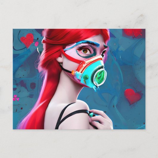 Red Haire vrouw in een gasmasker AI Art Briefkaart (Voorkant)