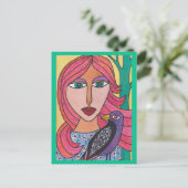 Red Haire Vrouw met Briefkaart van vogels (Staand voorkant)