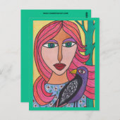 Red Haire Vrouw met Briefkaart van vogels (Voorkant / Achterkant)