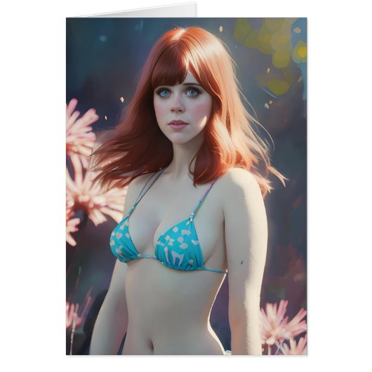 Red Haire Woman in een Bikini Blank Inside Greetin (Voorkant)