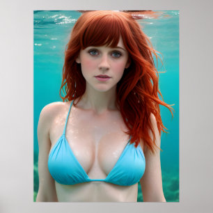 Red Haire Woman in een Bikini-onderwater Poster
