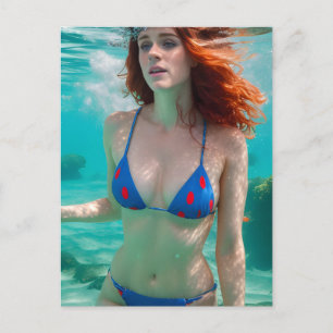 Red Haire Woman Polka Dot Bikini Underwater Foto Briefkaart