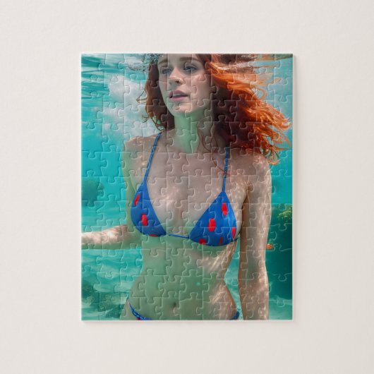 Red Haire Woman Polka Dot Bikini Underwater Foto Legpuzzel (Verticaal)