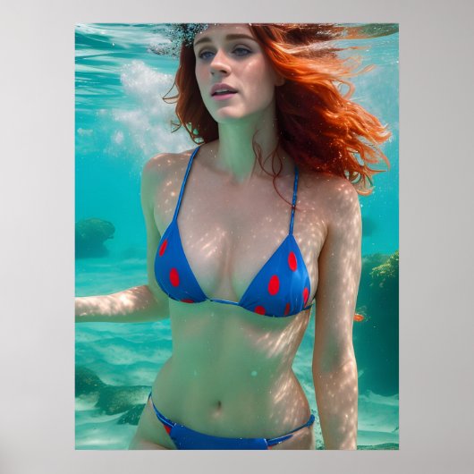 Red Haire Woman Polka Dot Bikini Underwater Foto Poster (Voorkant)