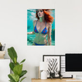 Red Haire Woman Polka Dot Bikini Underwater Foto Poster (Thuiskantoor)