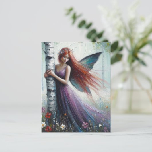 Red Haired Fairy in a Birch Forest Briefkaart (Staand voorkant)