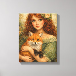 Red-Haired Girl Holding a Fox Woodland Fantasy Canvas Afdruk