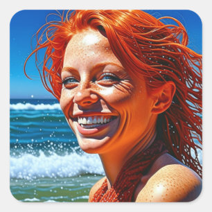  Red Haired Lady bij Beach ai art Vierkante Sticker