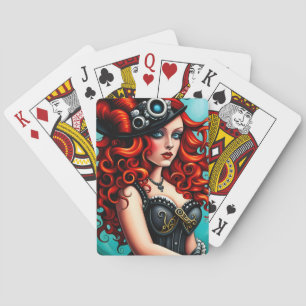 Red Haired Steampunk Vrouw Pokerkaarten
