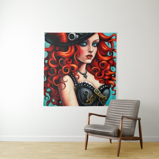 Red Haired Steampunk Vrouw Wandkleed (In situ)