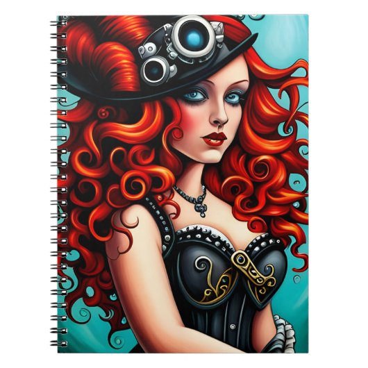 Red Haired Streampunk Vrouw Notitieboek (Voorkant)
