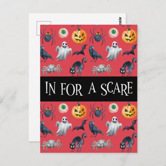 Red Halloween Pattern "In for a Scare" Briefkaart (Voorkant / Achterkant)