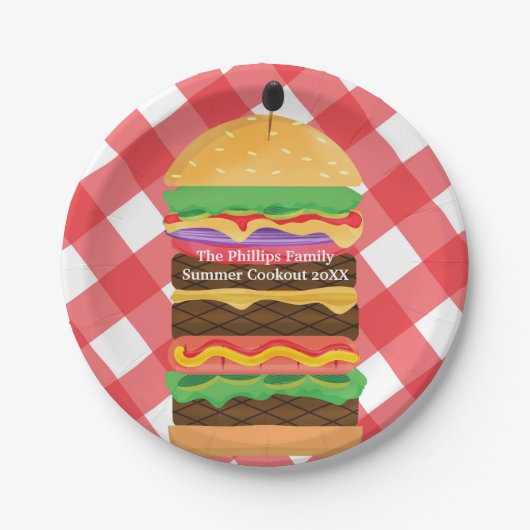 Red Hamburger Summer Cookout Barbecue Party Custom Papieren Bordje (Voorkant)