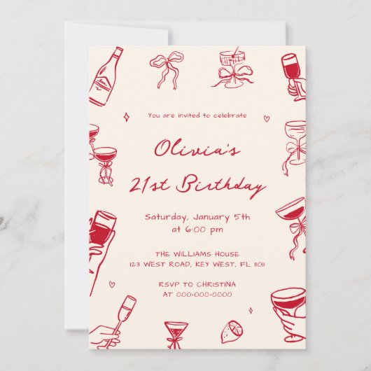 Red Hand Drawn Adult Birthday Party Kaart (Voorkant)