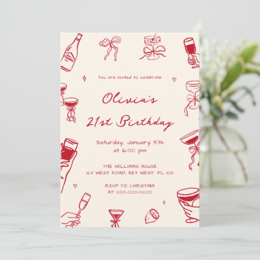 Red Hand Drawn Adult Birthday Party Kaart (Staand voorkant)