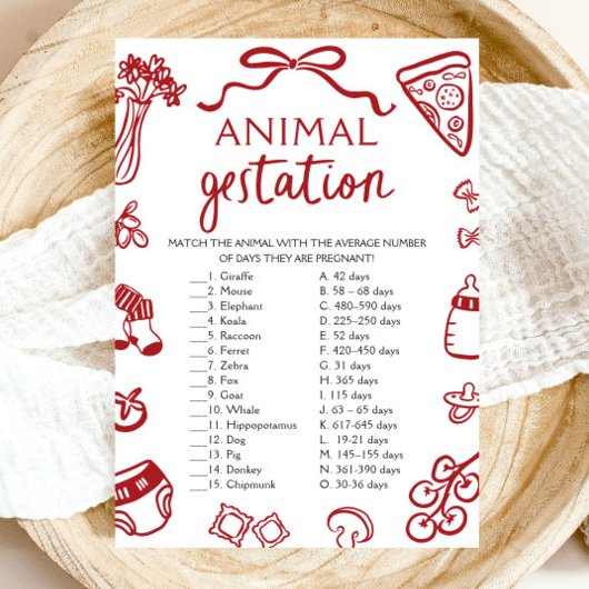 Red Hand Drawn Animal Gestation Baby shower spel Kaart