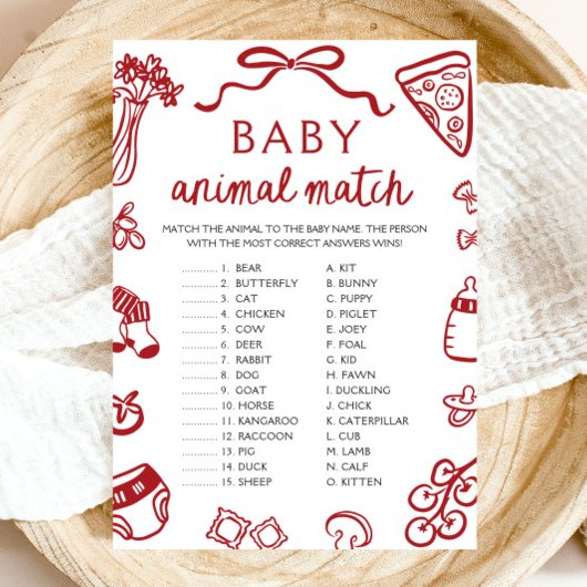 Red Hand Drawn Baby Animal Match Baby shower Game Kaart