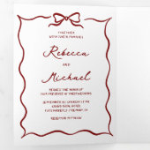Red Hand Drawn Bow QR Code Photo Wedding Drieluik Uitnodiging (Binnenzijde eerst)