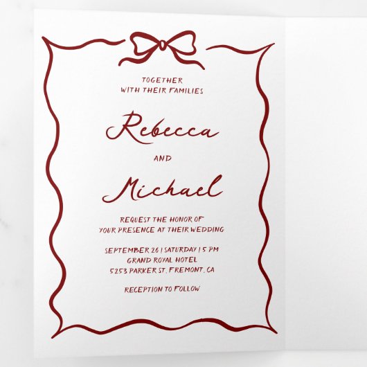 Red Hand Drawn Bow QR Code Photo Wedding Drieluik Uitnodiging (Binnenzijde eerst)