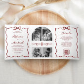 Red Hand Drawn Bow QR Code Photo Wedding Drieluik Uitnodiging