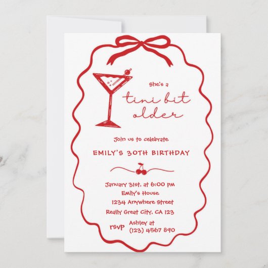 Red Hand Drawn Cherry Martini Birthday Invitation Kaart (Voorkant)