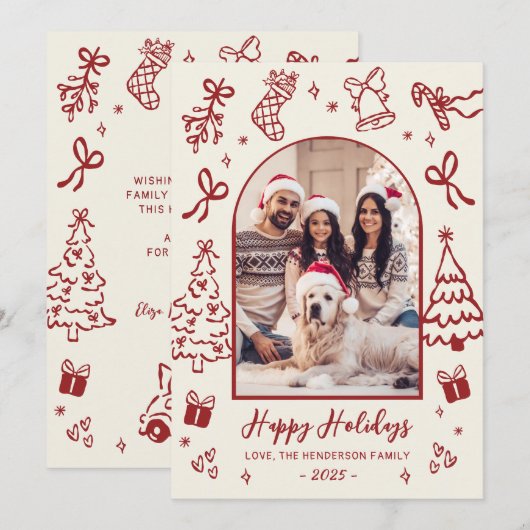 Red Hand-Drawn Doodle Arch Photo Christmas Happy Feestdagenkaart (Voorkant / Achterkant)