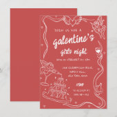 Red Hand Drawn Galentine's Girls Night Party beroe Kaart (Voorkant / Achterkant)