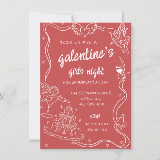 Red Hand Drawn Galentine's Girls Night Party beroe Kaart (Voorkant)