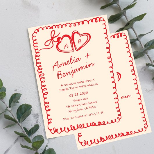 red hand drawn heart Whimsical Wedding  Kaart
