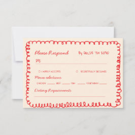  red hand drawn heart whimsical wedding RSVP kaartje