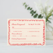  red hand drawn heart whimsical wedding RSVP kaartje (Staand voorkant)