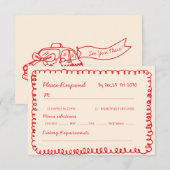  red hand drawn heart whimsical wedding RSVP kaartje (Voorkant / Achterkant)