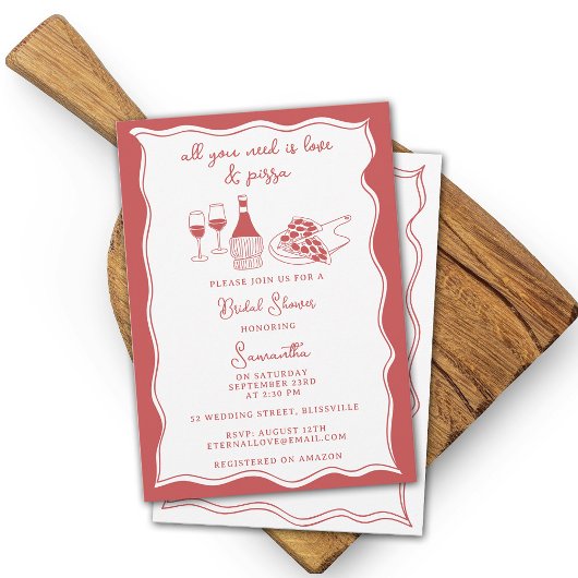 Red Hand Drawn Italian Pizza Wine Vrijgezellenfees Kaart