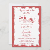 Red Hand Drawn Italian Pizza Wine Vrijgezellenfees Kaart (Voorkant)