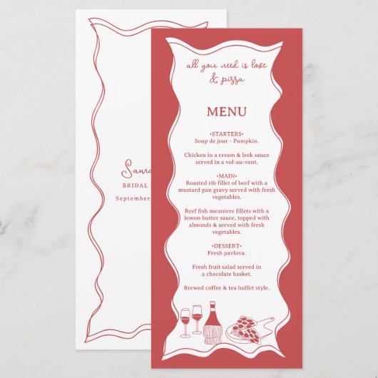 Red Hand Drawn Italian Pizza Wine Vrijgezellenfees Menu (Voorkant / Achterkant)