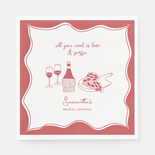 Red Hand Drawn Italian Pizza Wine Vrijgezellenfees Servet (Voorkant)