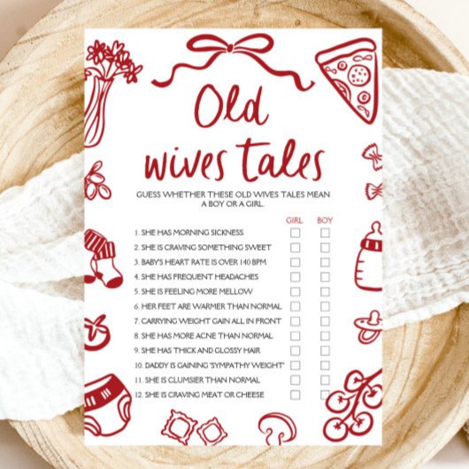 Red Hand Drawn Old Wives Tales Baby shower spel Kaart